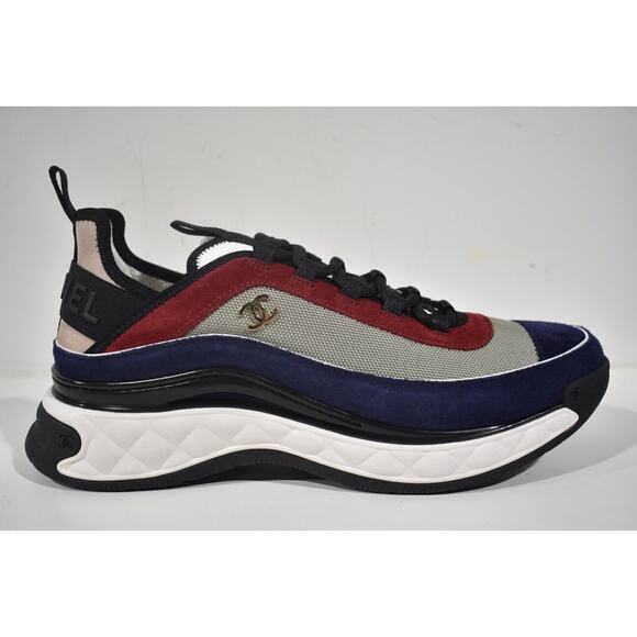 Chanel 22B Mens Gray Blue Red CC Logo Low Top Lace Up Trainer Sneaker 44 11 - Picture 1 of 10